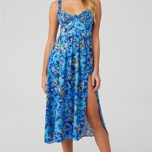 For Love And Lemons Astor Blue Floral Midi Dress